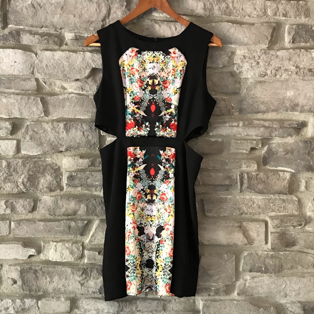 C. Luce Size M Black Cutout Dress with Satin Floral Pattern